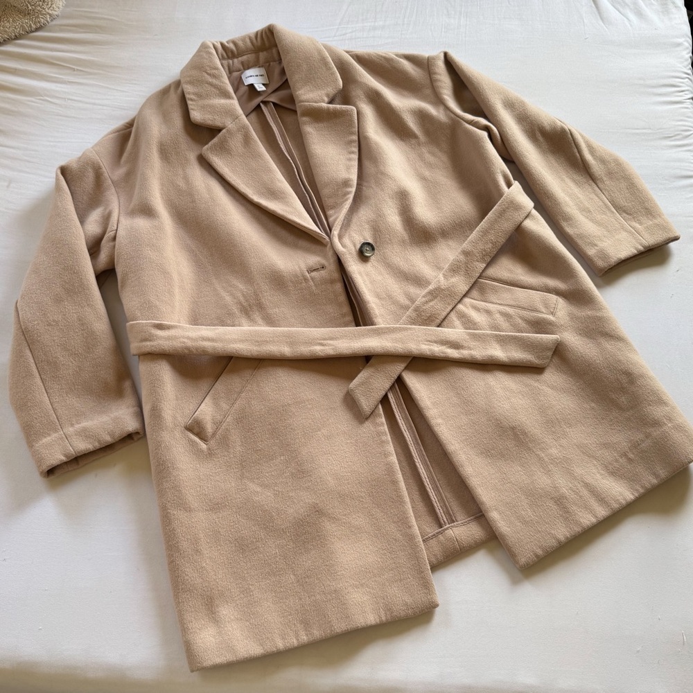 Elizabeth And James Buff Beige One Button Tie Belt Long Dress Coat XL Tan Jacket - Picture 3 of 7